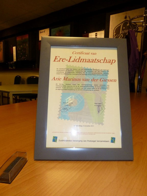 ZHPV Certificaat van Erelidmaatschap A.M. van der Giessen